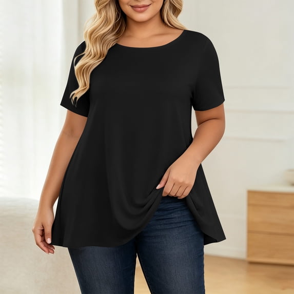 ClodeEU Plus Size Women's Round Neck Short Sleeve Tunic Top,Casual Loose A Line Flared Hem Solid Swing Blouse ,Women's Plus XXXXL