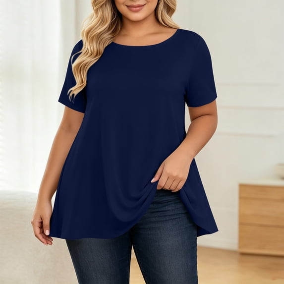 ClodeEU Plus Size Women's Round Neck Short Sleeve Tunic Top,Casual Loose A Line Flared Hem Solid Swing Blouse ,Women's Plus XXXXXL