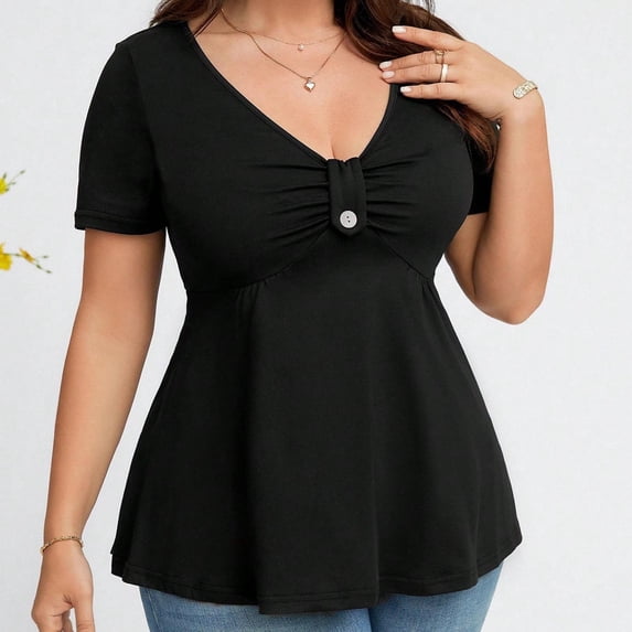 ClodeEU Plus Size Women's V Neck Ruched Short Sleeve Peplum Tunic Top,Casual Flared Waist Blouse Black,Women's Plus XXL