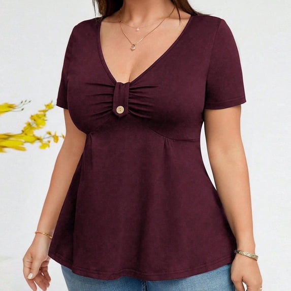 ClodeEU Plus Size Women's V Neck Ruched Short Sleeve Peplum Tunic Top,Casual Flared Waist Blouse Wine,Women's Plus XXXL