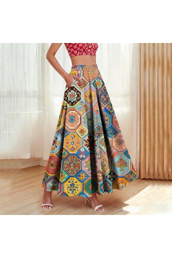 U Printed High Waist Long Boho Skirts for Women , Elastic Waist A-Line Maxi Skirt with Pockets and Ruffle Hem Dark Gray,Womens Plus M