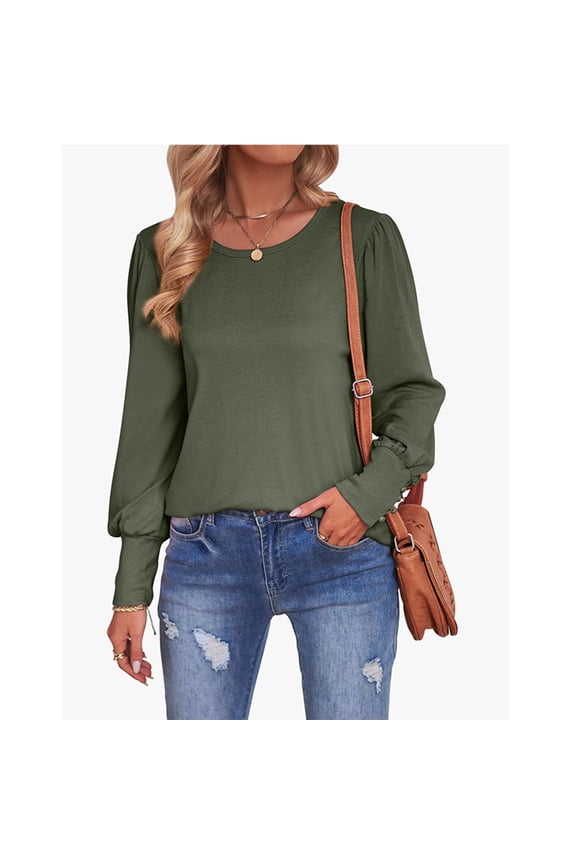 Round Neck Long Sleeve Tops for Women ,Puff Sleeve Tops ,Casual Shirts Smocked Cuffs Blouses Army Green,Womens Plus M