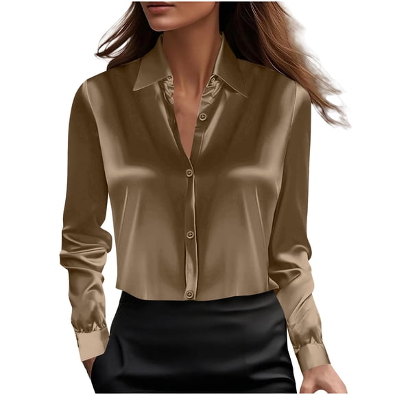 ClodeEU Satin Silk Button Down Shirts for Women,V Neck Long Sleeve Work Blouses Coffee,Womens Plus XL