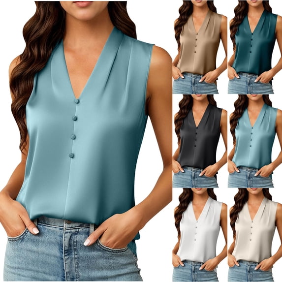 ClodeEU Satin Tank Tops for Women,Sleeveless V Neck Business Casual Satin Blouse Work Shirts Light Blue,Womens Plus M