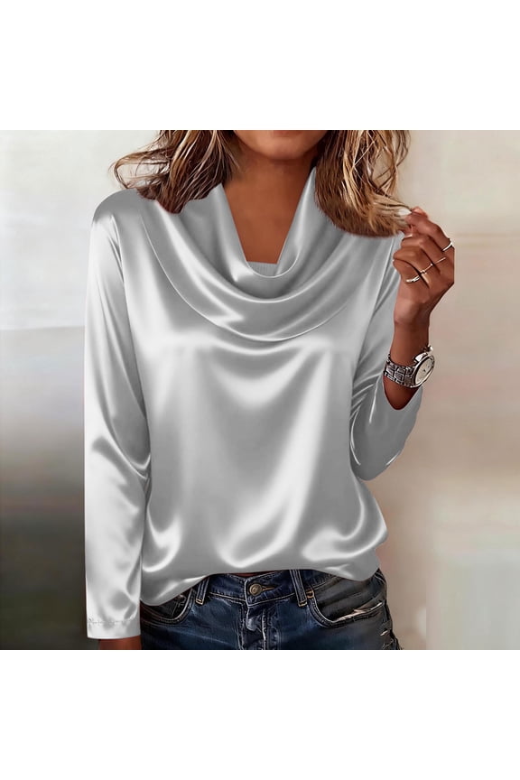 Satin V Neck Long Sleeve Cowl Neck Blouse for Women,Ruched Stretch Trendy Blouse Shirt Top Silver,Womens Plus S