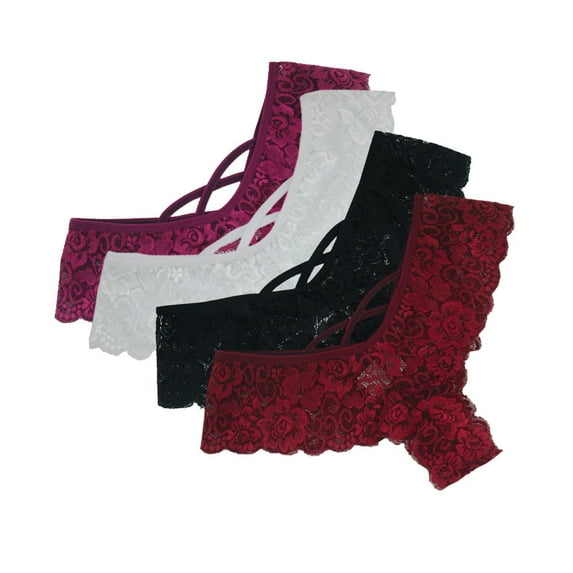 ClodeEU Sexy 4Pc Women Lace Flowers Low Waist Underwear Panties G-String Lingerie Thongs (White,Black,Wine Red,Red M)