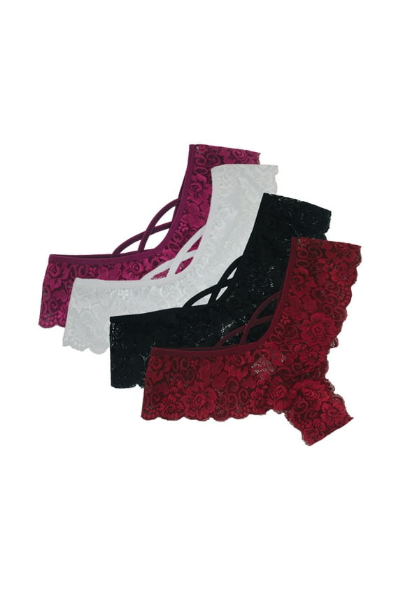 Sexy 4Pc Women Lace Flowers Low Waist Underwear Panties G-String Lingerie Thongs (White,Black,Wine Red,Red XXL)