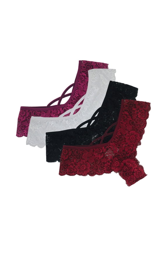 Sexy 4Pc Women Lace Flowers Low Waist Underwear Panties G-String Lingerie Thongs (White,Black,Wine Red,Red XXXXL)