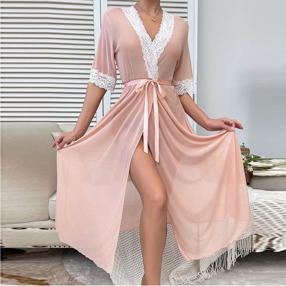 ClodeEU Sheer Mesh Lace Bathrobe For Women,Lace Trim Long Satin Bridal Robes, 3/4 Sleeve Sleepwear Pink,Womens Plus S