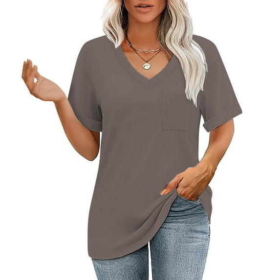 ClodeEU Shorts Sleeve Tops for Womens, Womens Tshirts, V Neck Short Sleeve Tops, Basic Tees,Solid Color T Shirt, Coffee,Womens Plus L