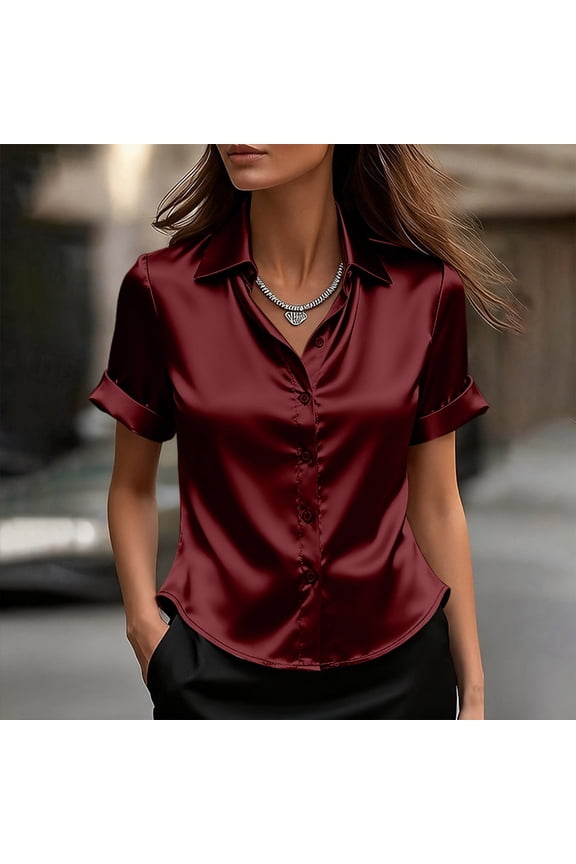 Silk Satin Button Down Shirts for Women ,Short Sleeve V Neck Casual Work Office Blouse Tunic Tops Red,Womens Plus XXL