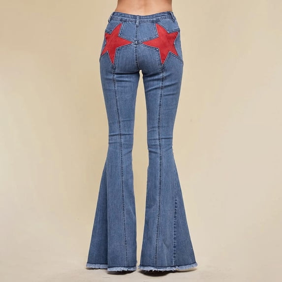 ClodeEU Skinny Bell Bottom Jeans for Women ,Low Waisted Stretch Denim Flare Pants ,Five Point Star Jeans with Pockets Blue,Womens Plus L