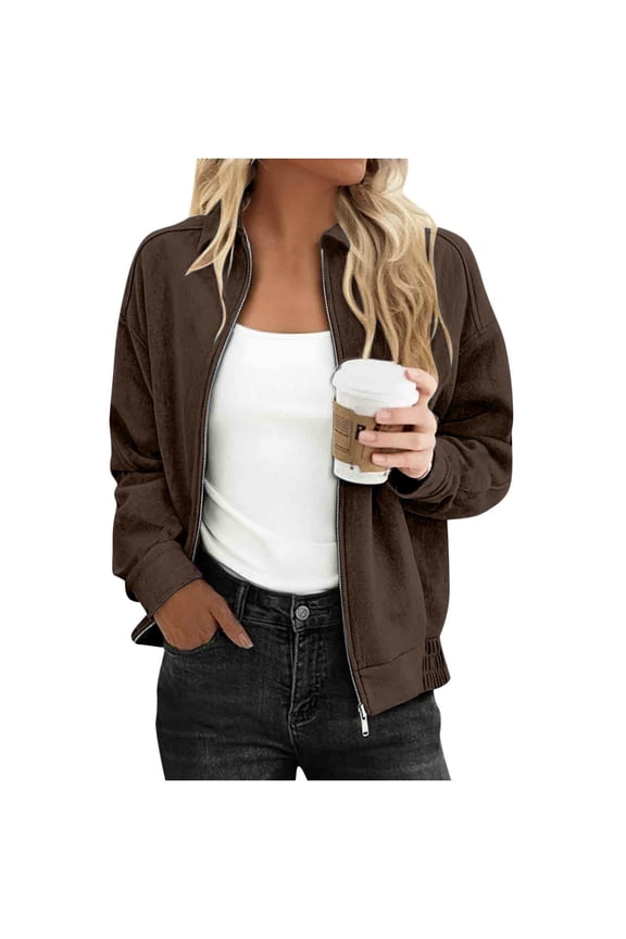 Suede Bomber Jacket For Women,Stand Collar Casual Zip Up Jackets,Oversized Trendy Outerwear Coats Coffee,Womens Plus M