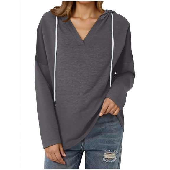 ClodeEU Tops Hoodies for Women ,Oversized V Neck Drawstring Pullover Sweatshirts, Long SLeeve Loose Fit Shirts Dark Gray,Womens Plus M