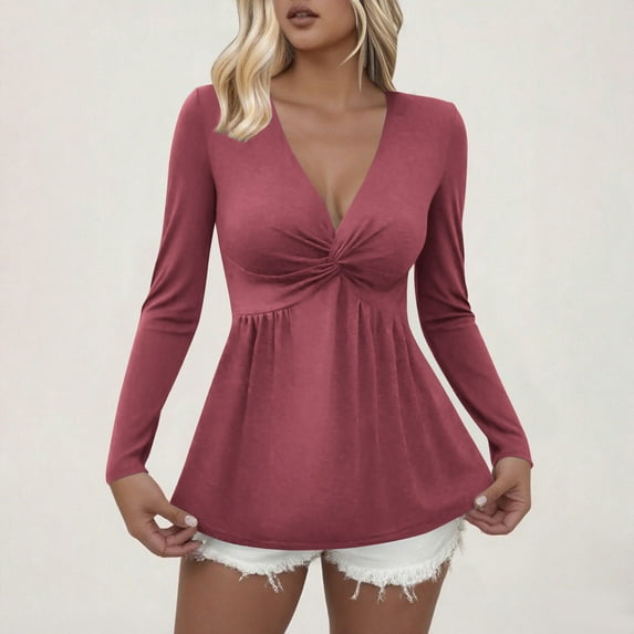 ClodeEU V-Neck Shirt For Women,Front Knotted Blouse Shirts ,Solid Color Pullover Tops Wine,Womens Plus S