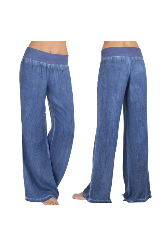 Wide Leg Denim Pants For Woman, Stretchy Elastic Waist Jeans Blue,Womens Plus XXL