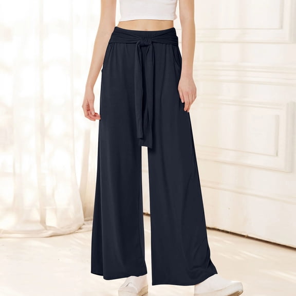 ClodeEU Wide Leg Dress Pants for Women, High Waist Trousers with Belt ,Flowy Loose Casual Trousers Navy,Womens Plus S