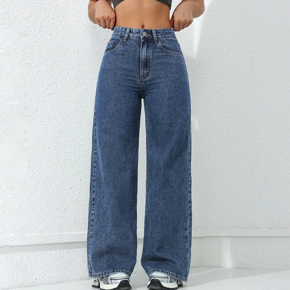 ClodeEU Wide Leg Jeans for Women,High Waisted Denim Pants,Boyfriend Jeans Trendy Casual Dark Blue,Womens Plus M