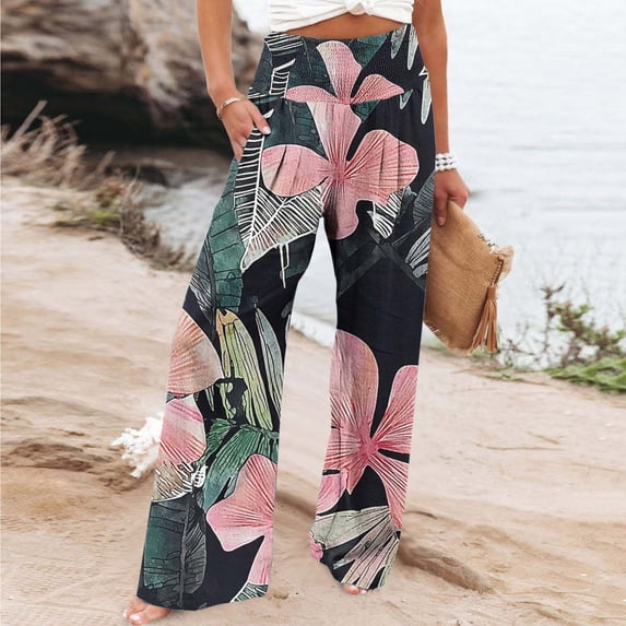 ClodeEU Wide Leg Pants for Women,Floral Printed Trousers with Pockets , Elastic High Trendy Pants Black 06,Womens Plus L