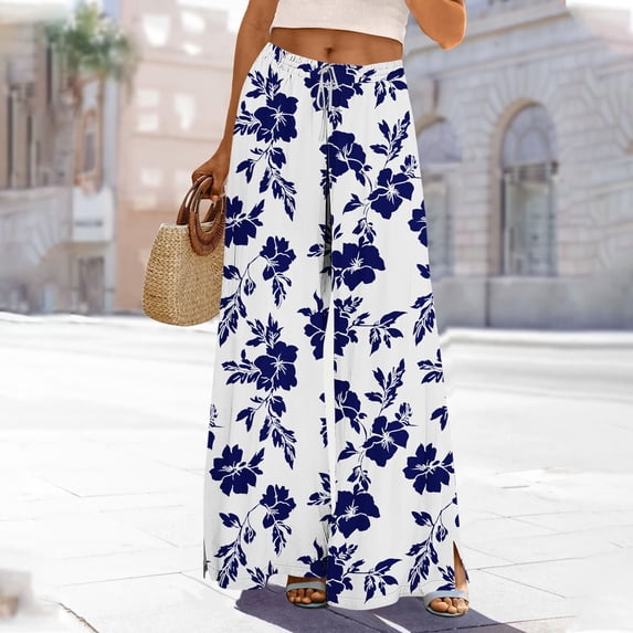 ClodeEU Wide Leg Pants for Women,Floral Printed Trousers with Pockets ,Elastic Waist With Drawstring Navy,Womens Plus XL