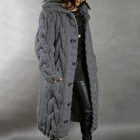 ClodeEU Woman Plus Size Winter Coat Clearance Women Hood Cardigan Large Size Sweater Pocket Single Breasted Long Sleeves Coat Rollbacks Dark Gray 12(XXL)