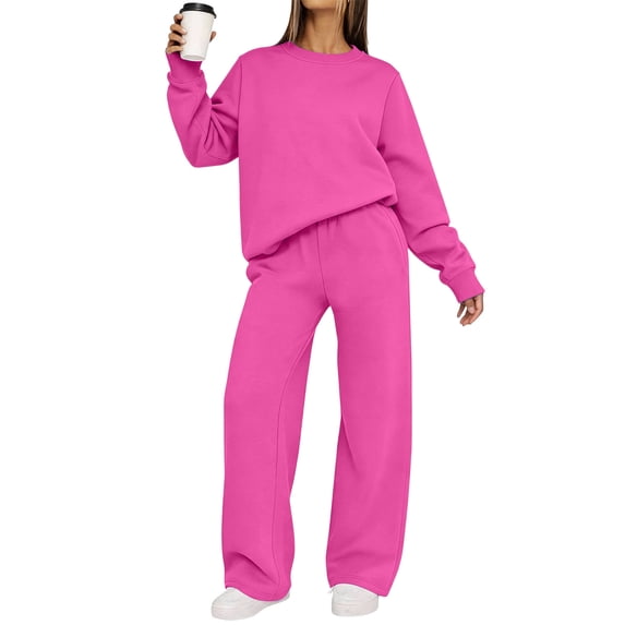 ClodeEU Women 2 Piece Tracksuit Matching Outfit ,Crew Neck Long Sleeve Sweatshirt and Drawstring Wide Leg Pants Hot Pink,Women's Plus S