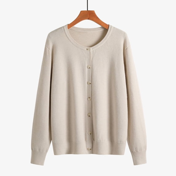 ClodeEU Women Cardigans,Long Sleeve Crew Neck Button Down Knit Cardigan ,Soft Classic Basic Knit Cardigan Sweater Beige,Womens Plus M
