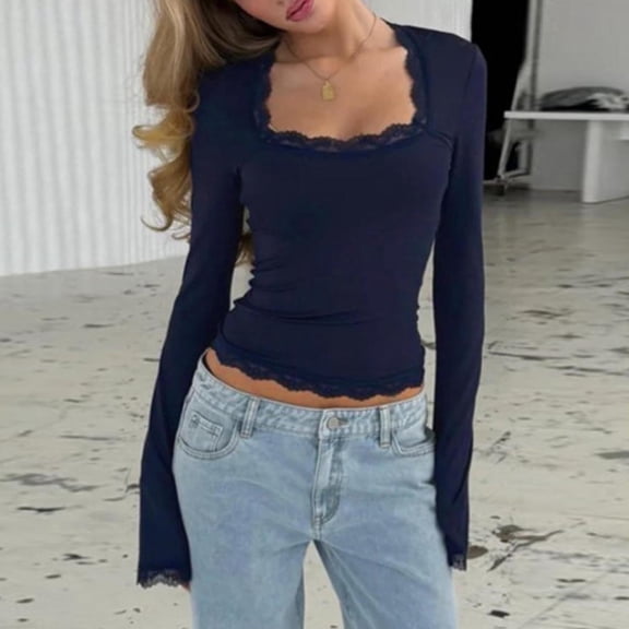 ClodeEU Women Crop Bell Long Sleeve Shirts , Cute Lace Trim Square Neck Tight Slim Tops Tshirt Dark Blue,Womens Plus XL