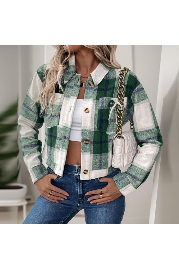 Women Cropped Flannels Shacket Jacket ,Long Sleeve Button Down Lapel Plaid Jacket Green,Womens Plus S