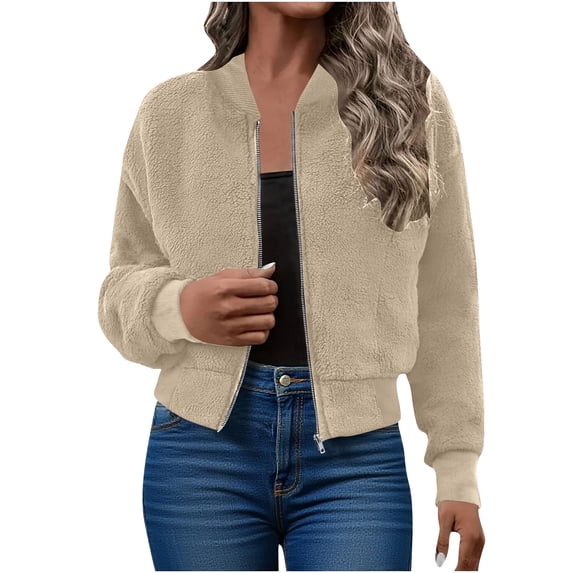 ClodeEU Women Cropped Fleece Jacket,Long Sleeve Faux Fuzzy Zip Up Plush Jacket Coat With Pockets Beige,Womens Plus M