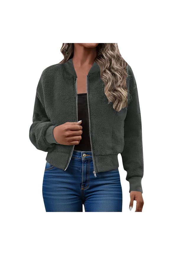 Women Cropped Fleece Jacket,Long Sleeve Faux Fuzzy Zip Up Plush Jacket Coat With Pockets Dark Gray,Womens Plus S