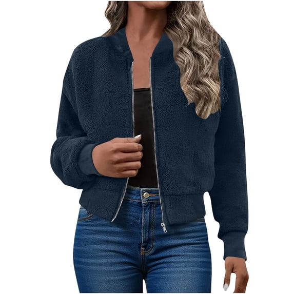 ClodeEU Women Cropped Fleece Jacket,Long Sleeve Faux Fuzzy Zip Up Plush Jacket Coat With Pockets Navy,Womens Plus XL