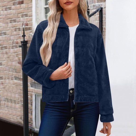 ClodeEU Women Cropped Plush Jacket,Long Sleeve Faux Fuzzy Zip Up Jacket Coat With Pockets Navy,Womens Plus L