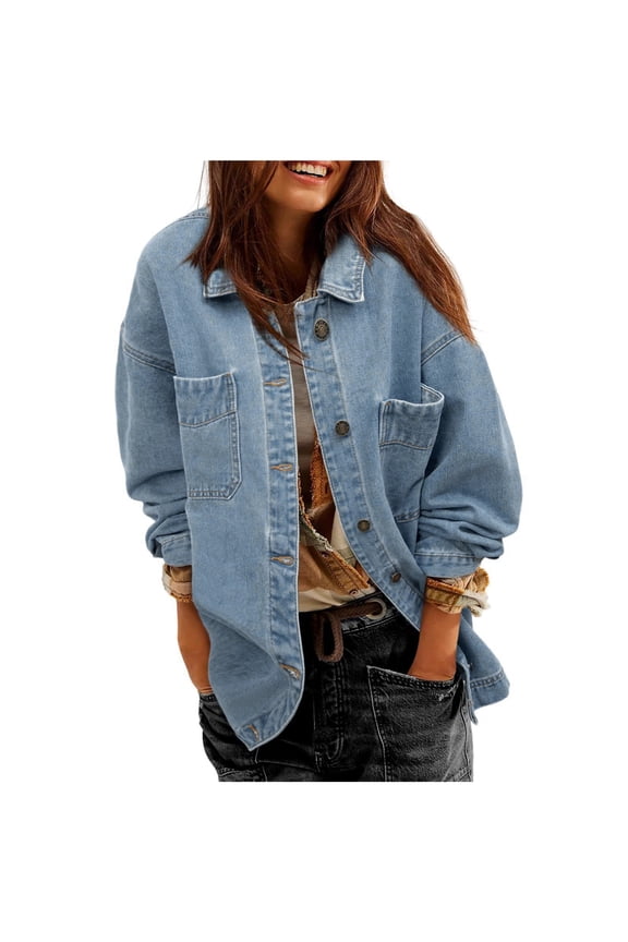 Women Denim Jacket Shacket, Button Up Long Sleeve Oversize Jean Jacket with Pockets Light Blue,Womens Plus XL