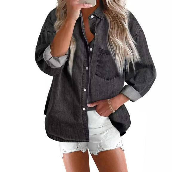 ClodeEU Women Denim Shirts, Button Down Blouse,Long Sleeve Denim Jackets , Casual Tops Dark Gray,Womens Plus L