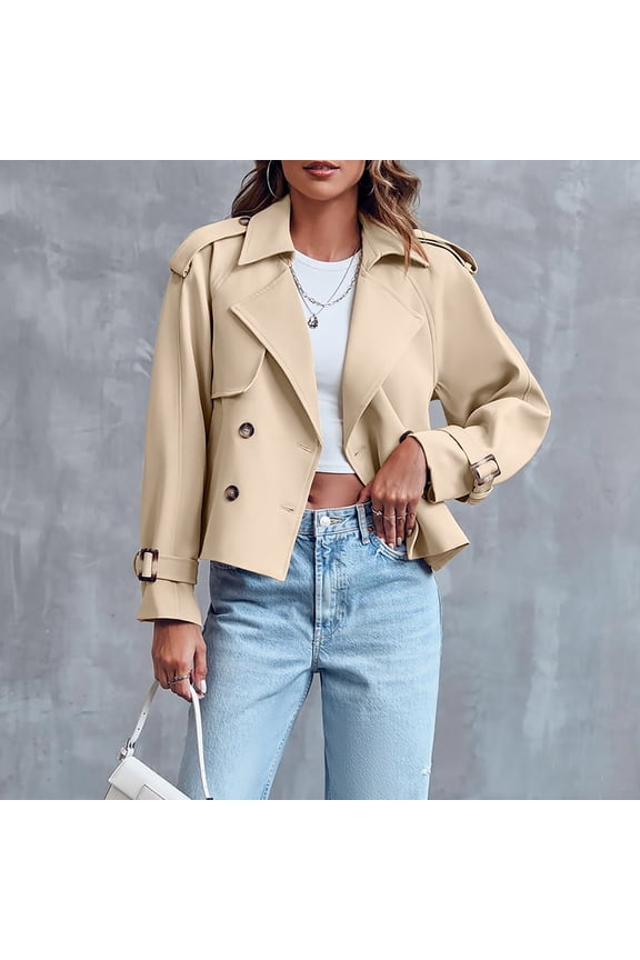 Women Double Breasted Trench Coat, Raglan Sleeve Work Office Cropped Jacket,Lapel Long Sleeve Short Jacket Tops Khaki,Womens Plus M