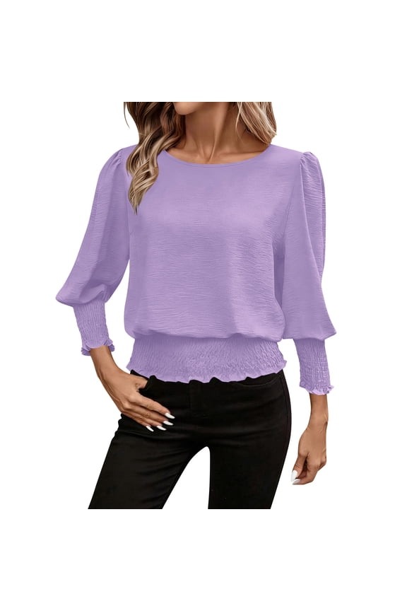 Women Elastic Cinched Waist Tops,3/4 Length Puff Sleeve Smocked Blouse,Casual Dressy Shirt Business Purple,Womens Plus S