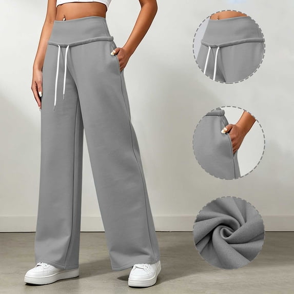 ClodeEU Women Elastic Drawstring High Waist Wide Leg Sweatpants,Casual Loose Pants with Pockets Gray,Women's Plus S