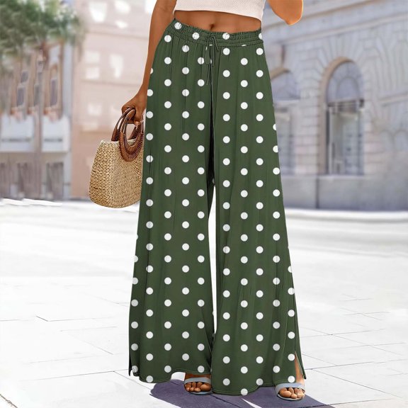 ClodeEU Women Elastic High Waist Polka Dot Wide Leg Palazzo Pants,Casual Loose Flowy Trousers ,Women's Plus M