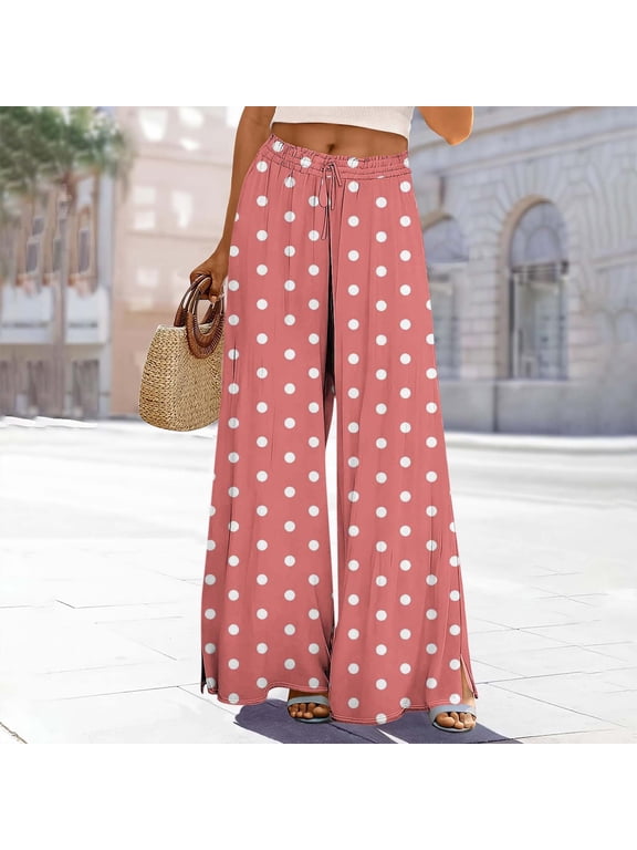 Women Elastic High Waist Polka Dot Wide Leg Palazzo Pants,Casual Loose Flowy Trousers ,Women's Plus XXL