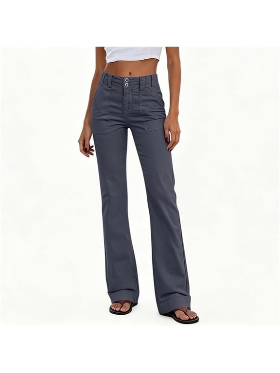 Women Elastic Mid Rise Flare Leg Bootcut Pants,Casual Slim Bell Bottom Trousers with Pocket Dark Gray,Women's Plus XL