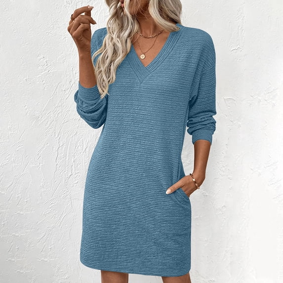 ClodeEU Women Fall Long Sleeve V Neck Dresses,Solid Casual Tunic Mini Dress with Pockets Blue,Womens Plus XL