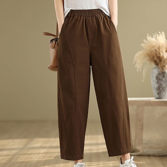 ClodeEU Women Harem Pants, Elastic Waist, Solid Color Relaxed Fit, Comfortable Trousers Coffee,Womens Plus L