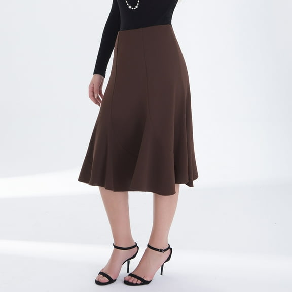 ClodeEU Women High Waist A line Flared Midi Skirt, Elegant Knee Length Skirt for Office and Casual Brown,Womens Plus M