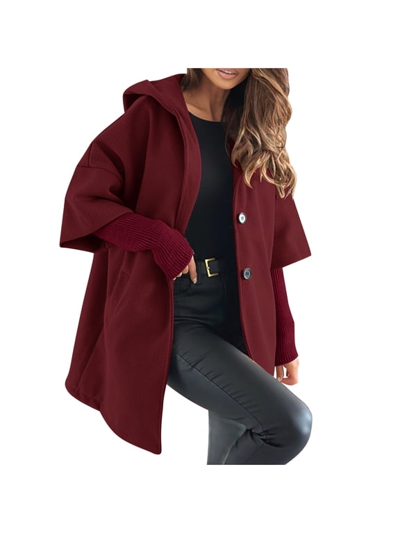 Women Hooded Coat,Long Sleeve Button Cardigan Overcoat,Fall Casual Jackets Tops Wine,Womens Plus XL