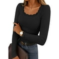 thumbnail image 1 of ClodeEU Women Lace Trim Square Neck Tee,Long Sleeve Slim Fitted T Shirts Y2K Fairy Cute Top Black,Womens Plus L, 1 of 8
