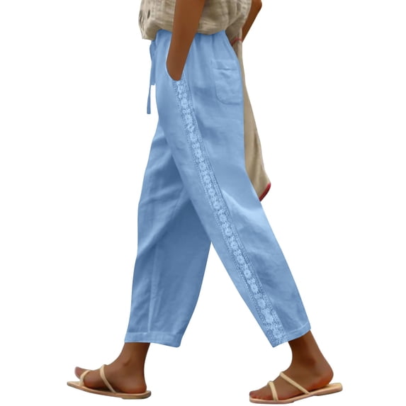 ClodeEU Women Linen Pants With Lace Trim, Elastic Waist With Drawstring, Lightweight Casual Capris Trousers Blue,Womens Plus XXL