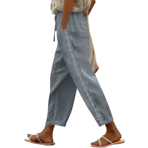 ClodeEU Women Linen Pants With Lace Trim, Elastic Waist With Drawstring, Lightweight Casual Capris Trousers Gray,Womens Plus S