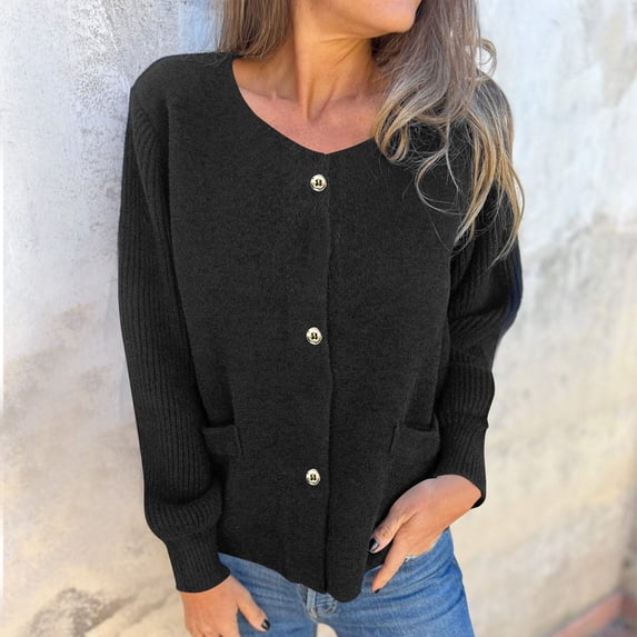 ClodeEU Women Long Sleeve Crew Neck Knit Sweater ,Button Down Cardigan Sweaters,Lightweight Open Front Top With Pockets Black,Womens Plus L