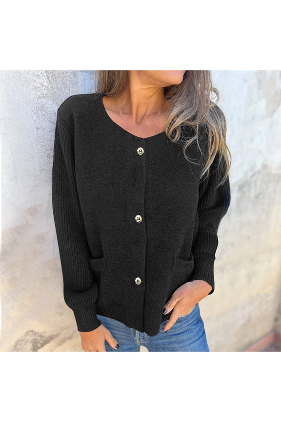 Women Long Sleeve Crew Neck Knit Sweater ,Button Down Cardigan Sweaters,Lightweight Open Front Top With Pockets Black,Womens Plus M